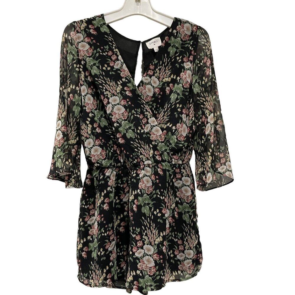 Everly Women’s Romper Wrap Front Elastic Waist Size M Black & Pink Floral Print